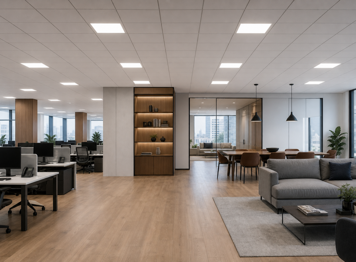 Modern interior lit with recessed LED panel lights