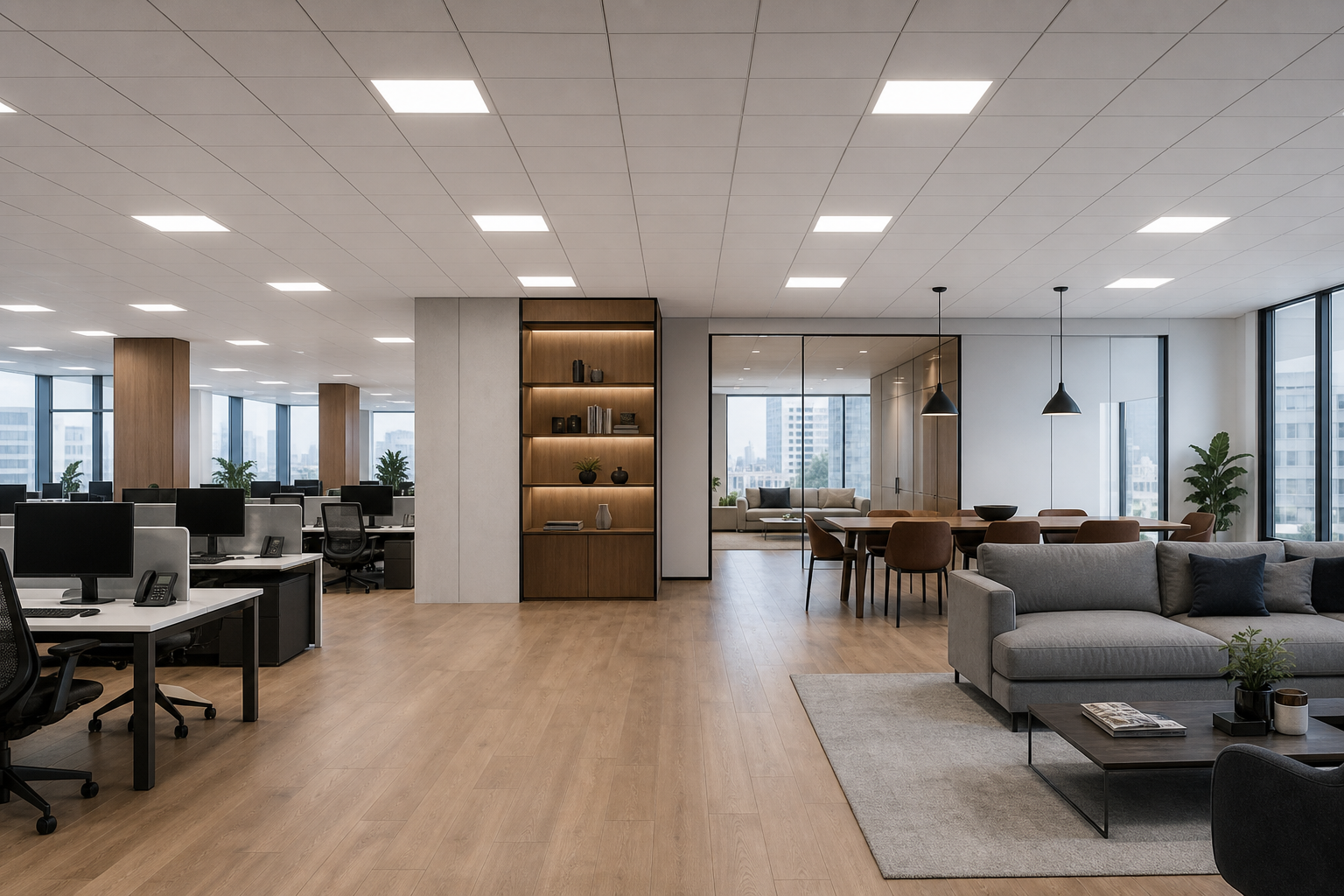 Modern interior lit with recessed LED panel lights