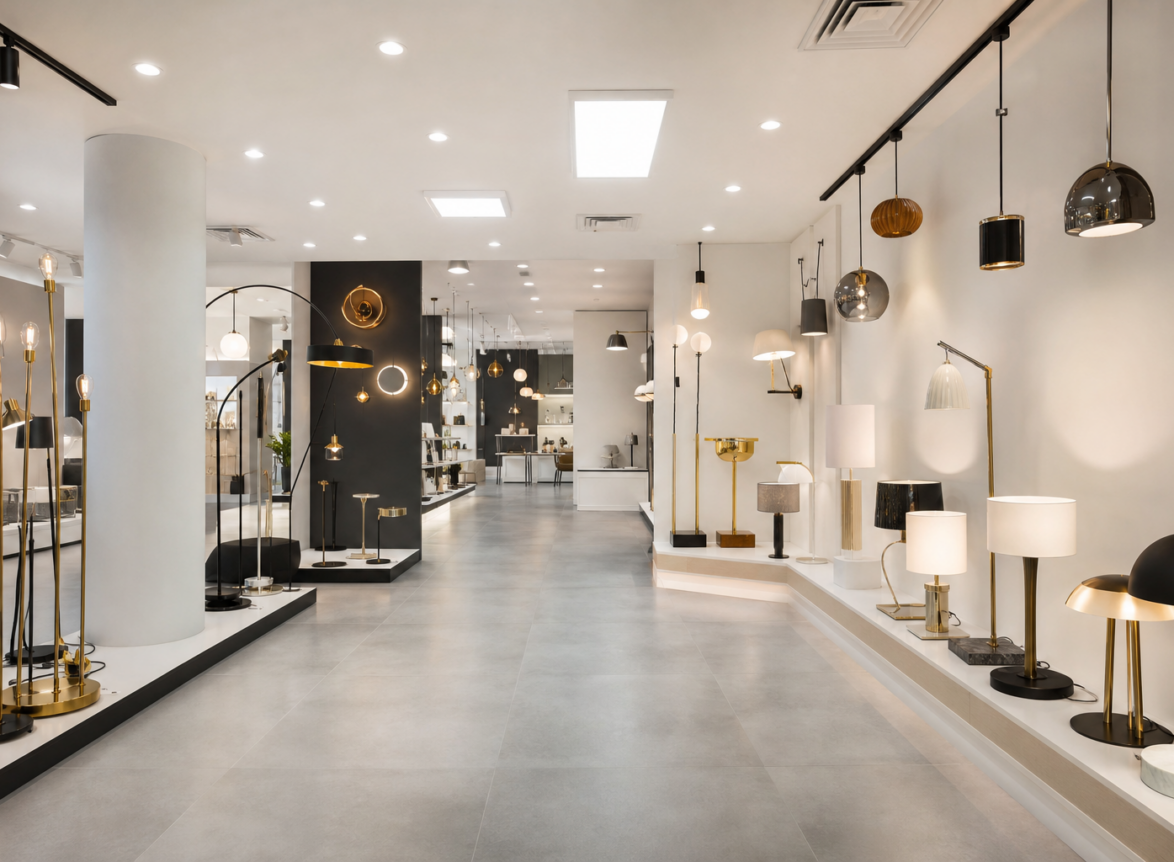 Modern retail showroom lit with LED downlights and panel lights
