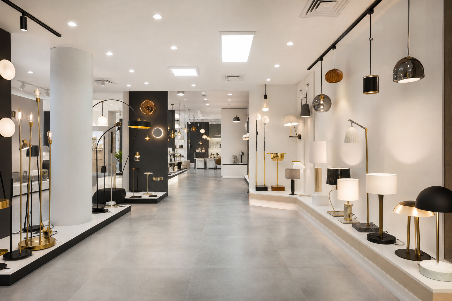 Modern retail showroom lit with LED downlights and panel lights