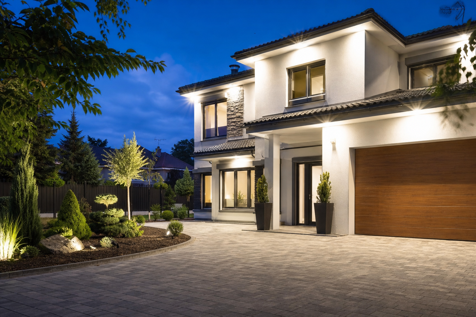 Modern house exterior lit with LED flood lights at dusk