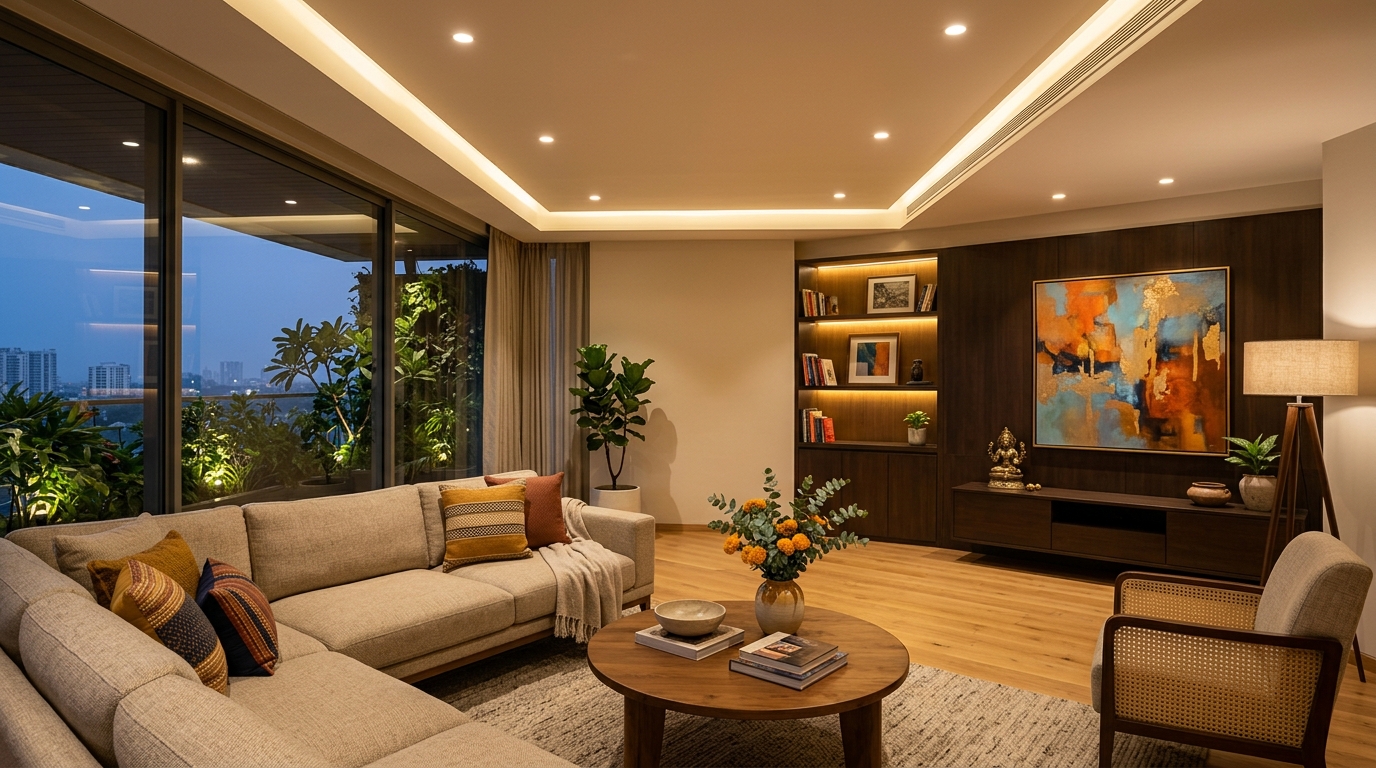 Modern living room ceiling with recessed LED downlights