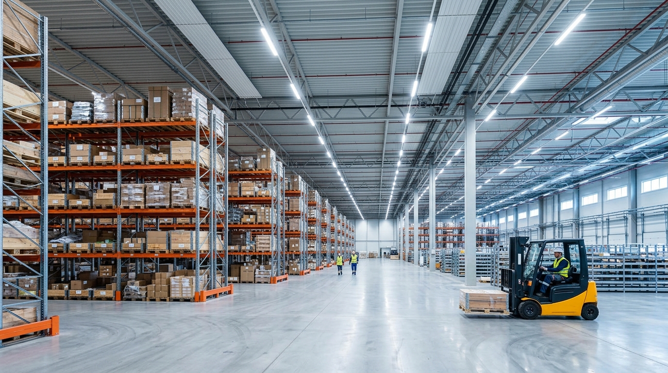 Industrial warehouse ceiling lit with LED high bay lights