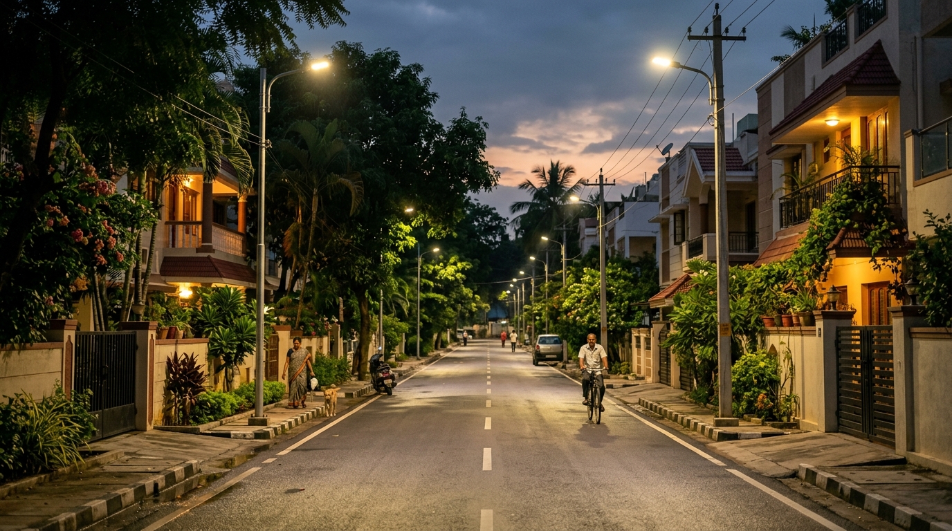 Residential lane lit with LED street lights at night