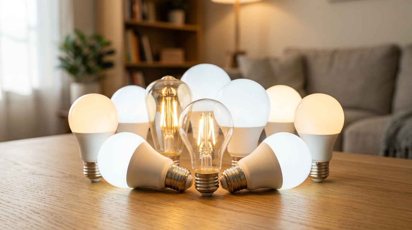 Assorted LED bulbs in warm and cool white for home lighting