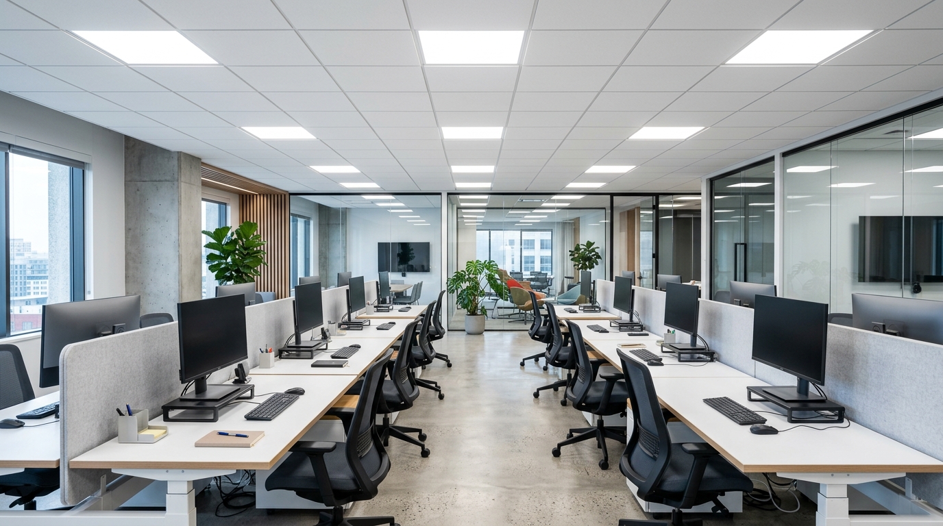 Modern office ceiling with slim LED panel lights providing even illumination