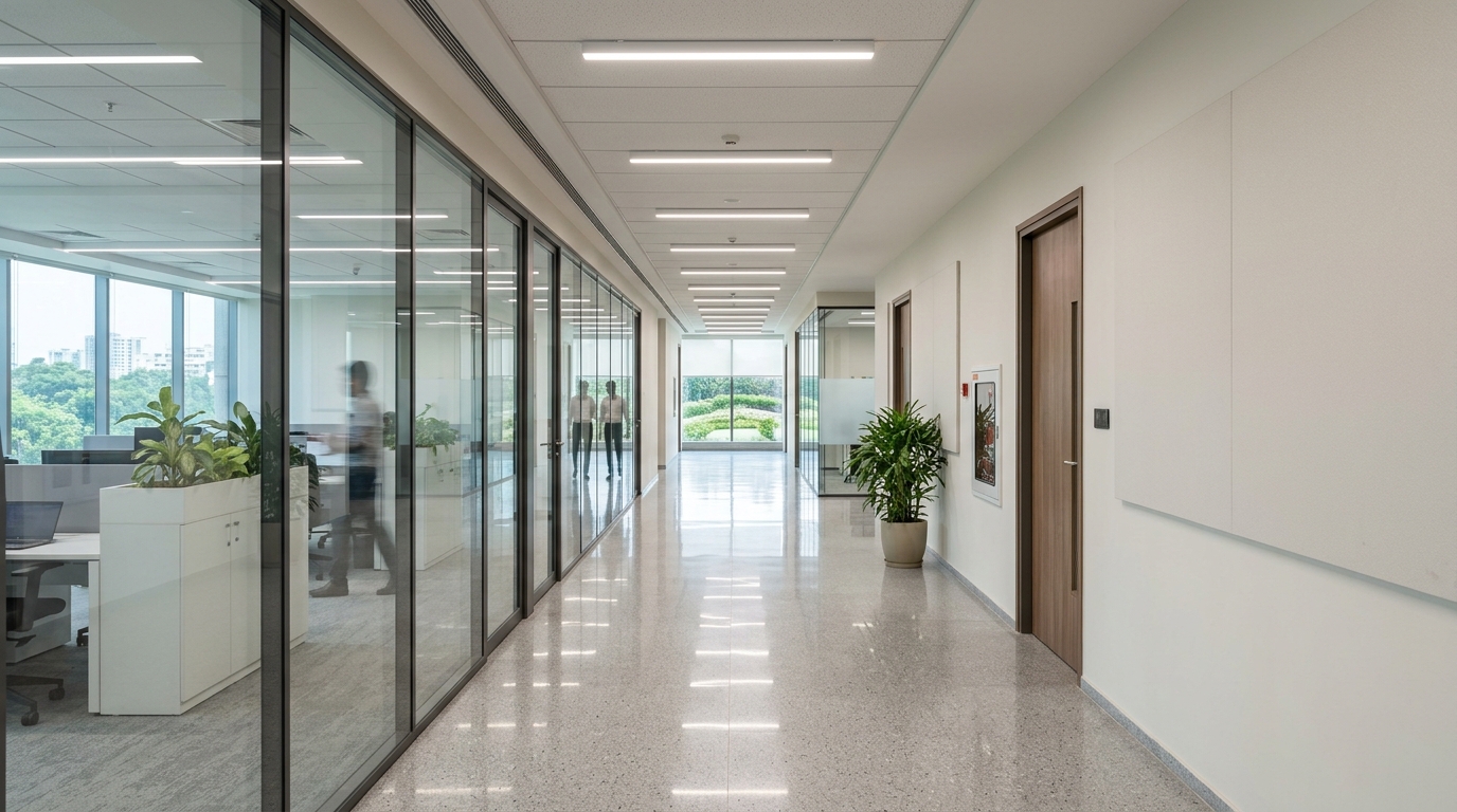 Bright office corridor lit with LED tube lights in a ceiling fixture